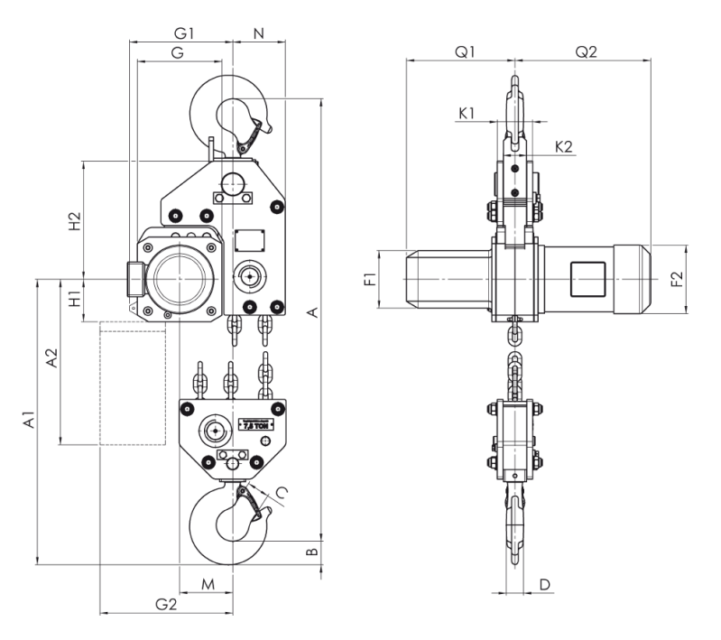 Maßzeichnungen und Abmessungen von Yale® CPEF Elektrokettenzug
