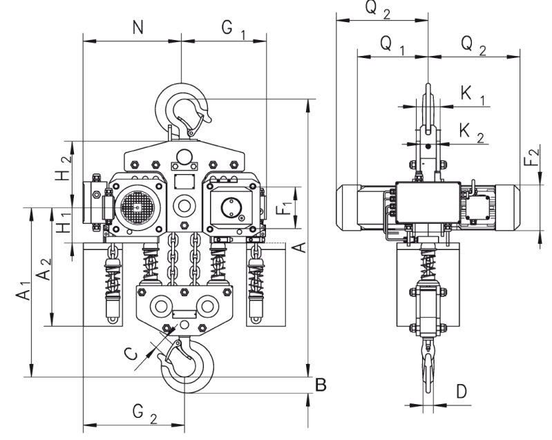 Maßzeichnungen und Abmessungen von Yale® CPEF Elektrokettenzug
