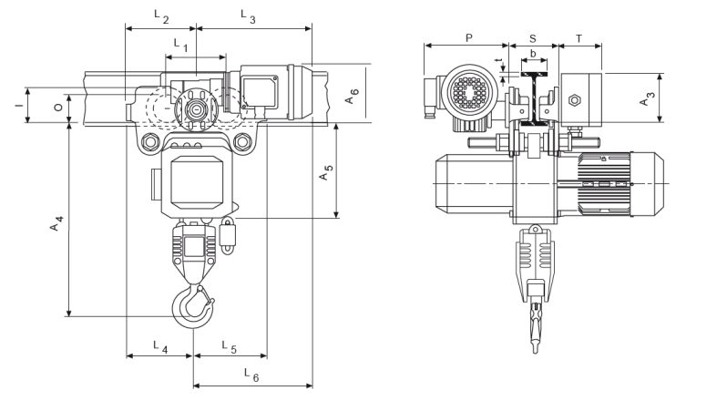 Maßzeichnungen und Abmessungen von Yale® CPEF Elektrokettenzug mit Fahrwerk