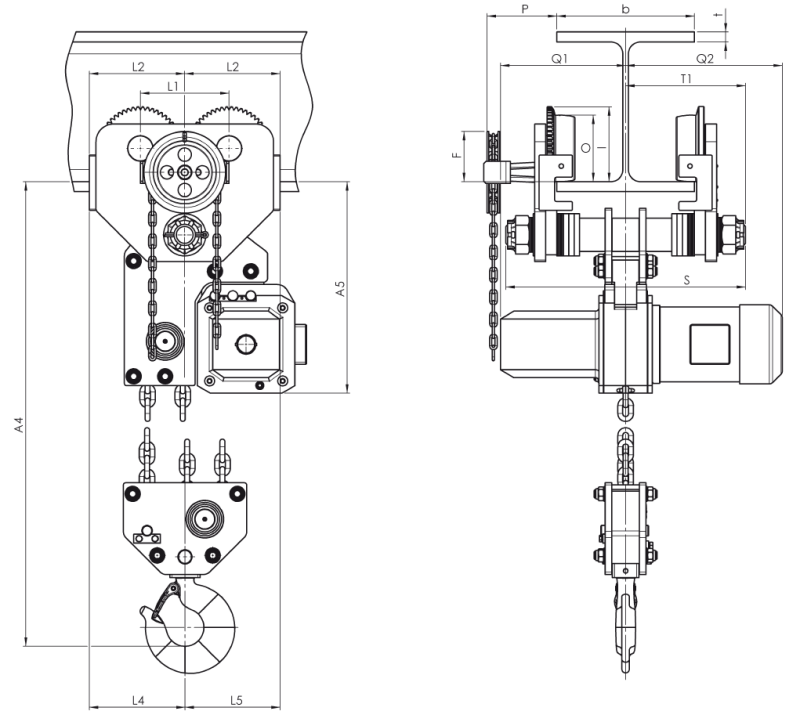 Maßzeichnungen und Abmessungen von Yale® CPEF Elektrokettenzug mit Fahrwerk