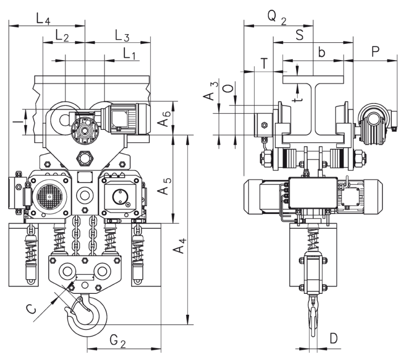 Maßzeichnungen und Abmessungen von Yale® CPEF Elektrokettenzug mit Fahrwerk