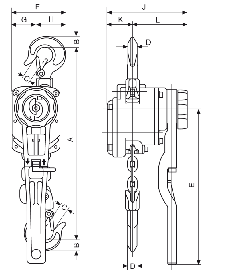Maßzeichnungen und Abmessungen von Yale® AL Handhebelzug (Leichtmetall)