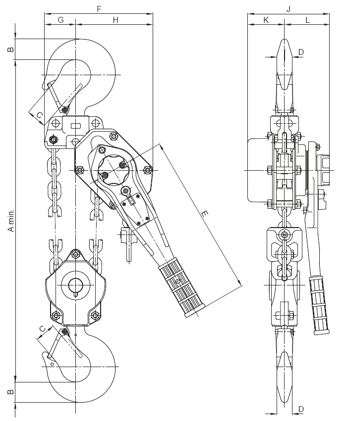 Maßzeichnungen und Abmessungen von Yale PT-B, 6.300 kg, zweistrangig
