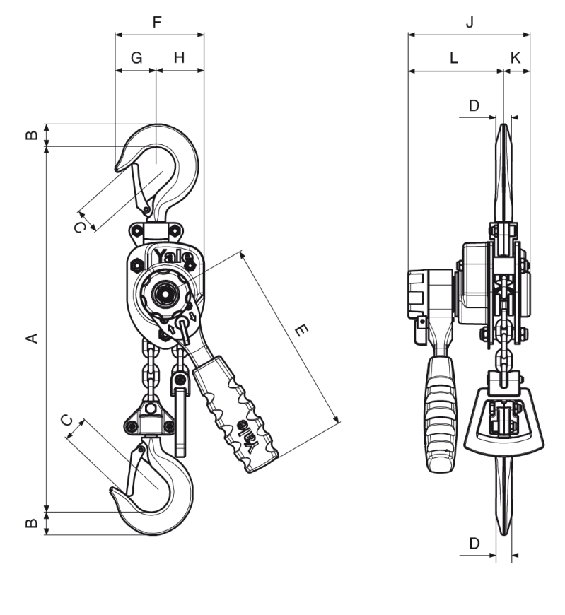 Maßzeichnungen und Abmessungen von Yalehandy Handhebelzug (Stahlblech)