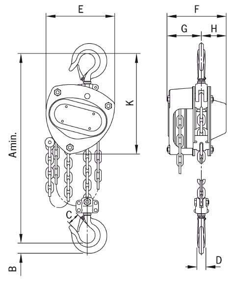 Maßzeichnungen und Abmessungen von VSIII, 250 - 3.000 kg, einstrangig