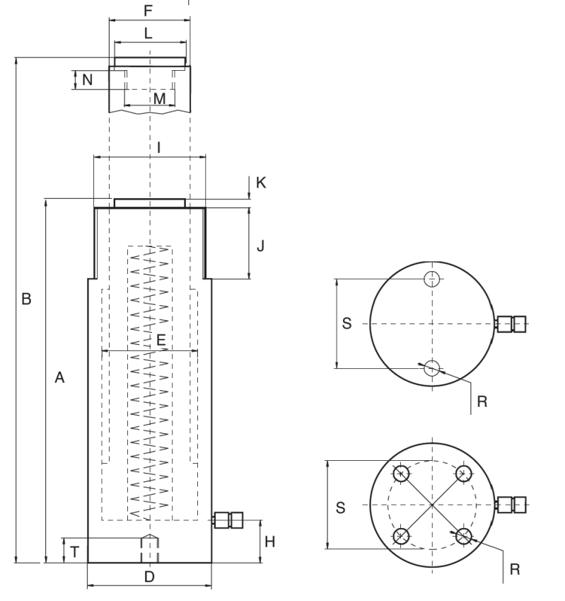 Maßzeichnungen und Abmessungen von Simson einfachwirkende Zylinder mit Federrückzug