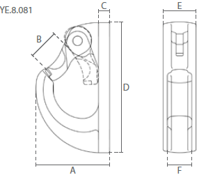 Maßzeichnungen und Abmessungen von DELTALOCK Anschweißhaken mit Hakensicherung - Güteklasse 8 nach EN 1677