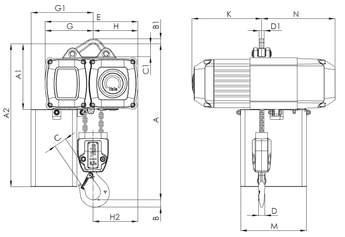 Maßzeichnungen und Abmessungen von Yale® CPV Elektrokettenzug 
