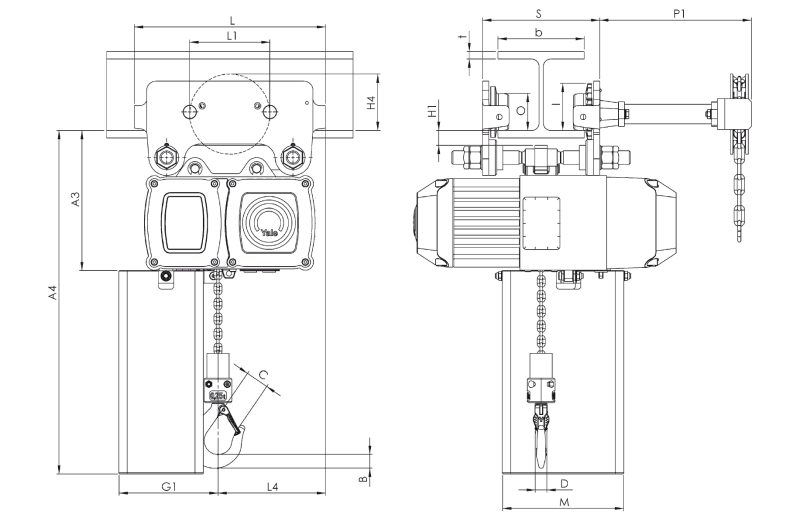 Maßzeichnungen und Abmessungen von Yale® CPV(F) Elektrokettenzug, mit integriertem manuellem Fahrwerk - 400 V