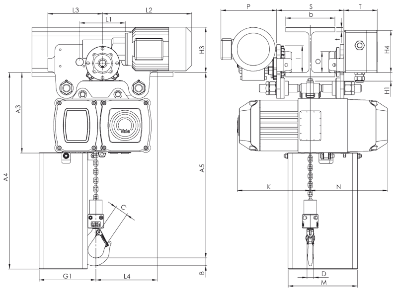 Maßzeichnungen und Abmessungen von Yale® CPVF Elektrokettenzug, mit integriertem Elektrofahrwerk VTE/F- 400 V