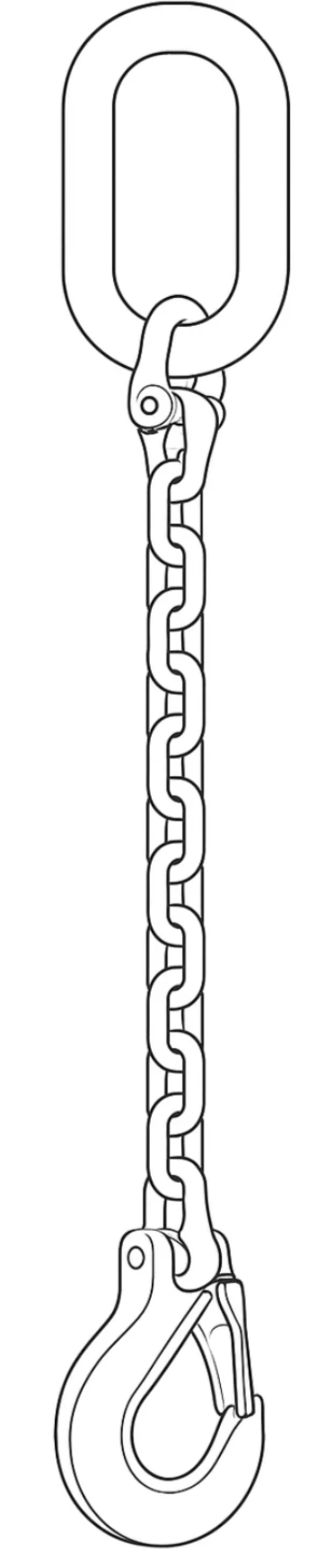 Maßzeichnungen und Abmessungen von 1-Strang Anschlagkette GK 12, mit Gabelkopfhaken, Aufhängering und Verbindungsglied, Typ ES-1ASUN