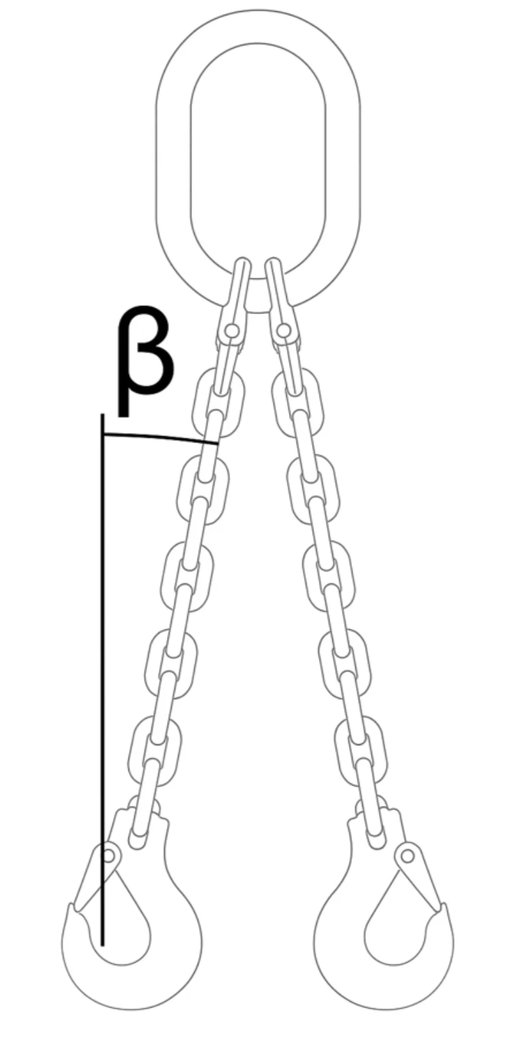 Maßzeichnungen und Abmessungen von 2-Strang Anschlagkette GK 12, mit Gabelkopfhaken, Aufhängering und Verbindungsglied, Typ ES-2ASUN