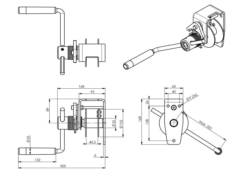 Maßzeichnungen und Abmessungen von Gebuwin Stirnradseilwinde 150 kg