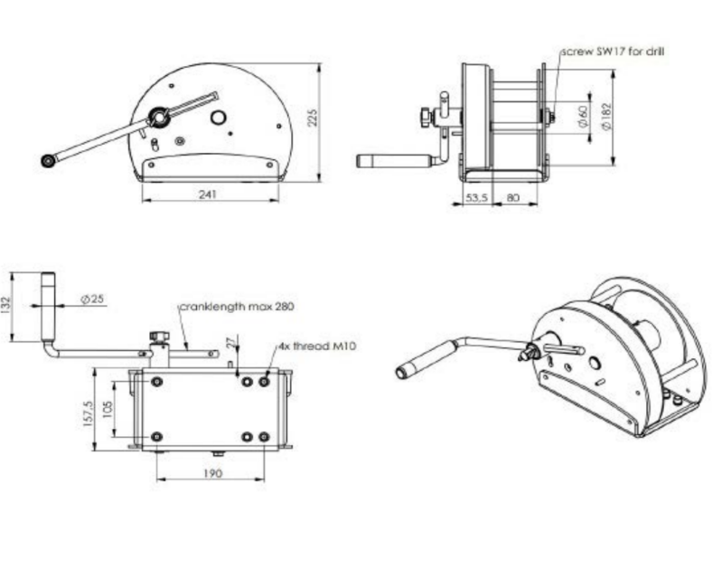 Maßzeichnungen und Abmessungen von Gebuwin Konsolenwinde CW700