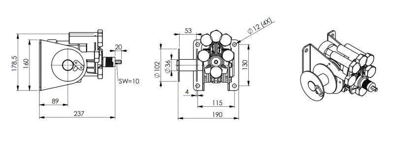 Maßzeichnungen und Abmessungen von Gebuwin Akku-Bohrwinde WA200