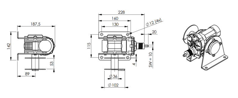 Maßzeichnungen und Abmessungen von Gebuwin Akku-Bohrwinde WA200