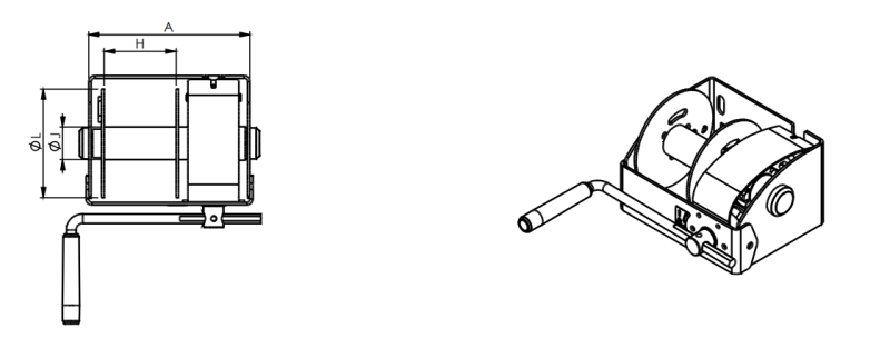 Maßzeichnungen und Abmessungen von Gebuwin Schneckengetriebe-Handseilwinde 250 kg - 1500 kg