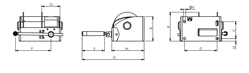 Maßzeichnungen und Abmessungen von Gebuwin Schneckengetriebe-Handseilwinde 250 kg - 1500 kg