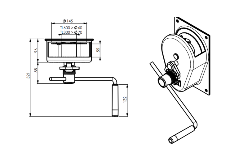Maßzeichnungen und Abmessungen von Gebuwin Stirnradseilwinde TL300-600 (300 kg - 600 kg)