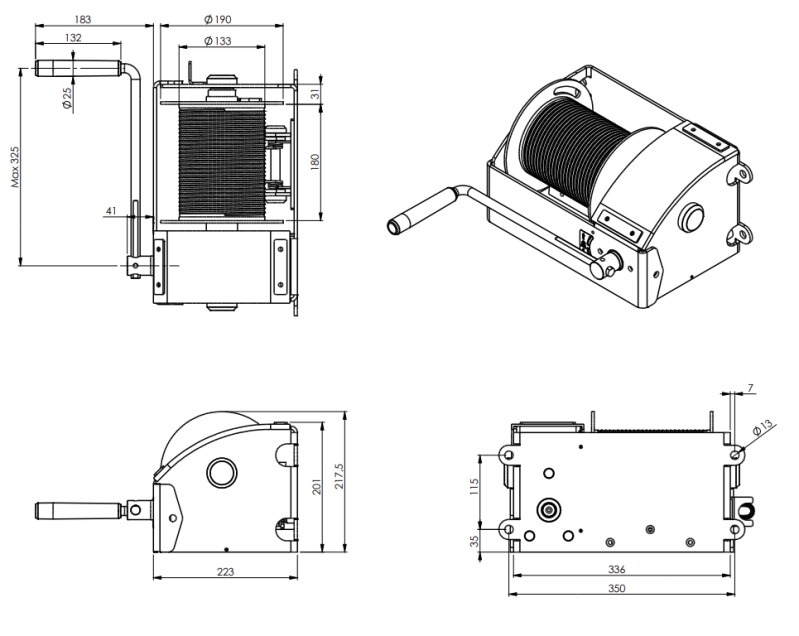 Maßzeichnungen und Abmessungen von Gebuwin Theaterwinde TW300 (300 kg)