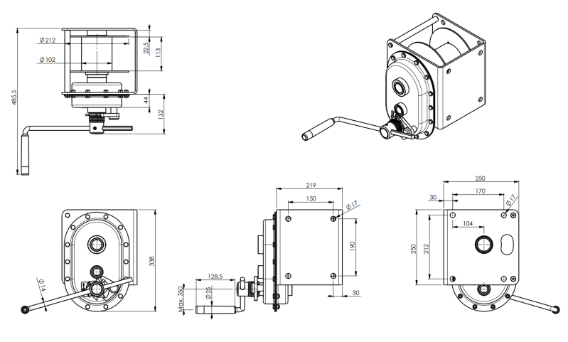 Maßzeichnungen und Abmessungen von Gebuwin Stirnradseilwinde TL1000-1500 (1000 kg - 1500 kg)