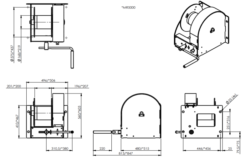 Maßzeichnungen und Abmessungen von Gebuwin Marine Handseilwinde 3000 kg