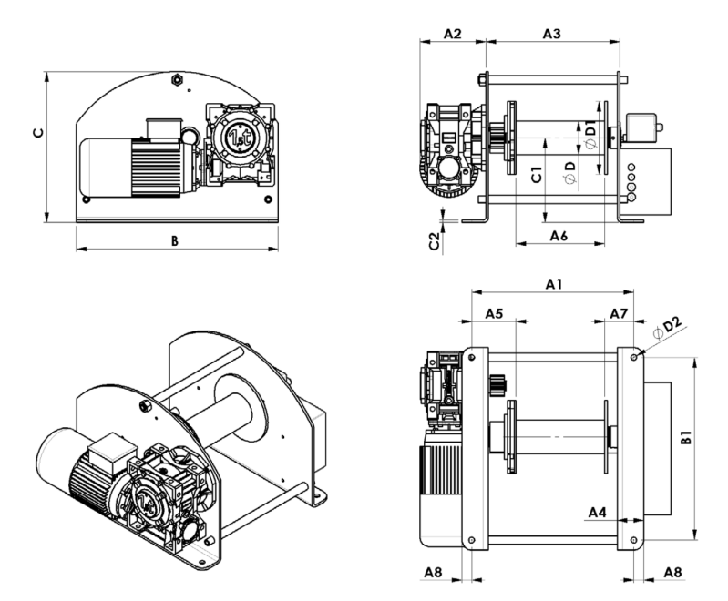 Maßzeichnungen und Abmessungen von Gebuwin Elektroseilwinde e-Winch e-W250-e-W3000 (250 kg - 3000 kg)