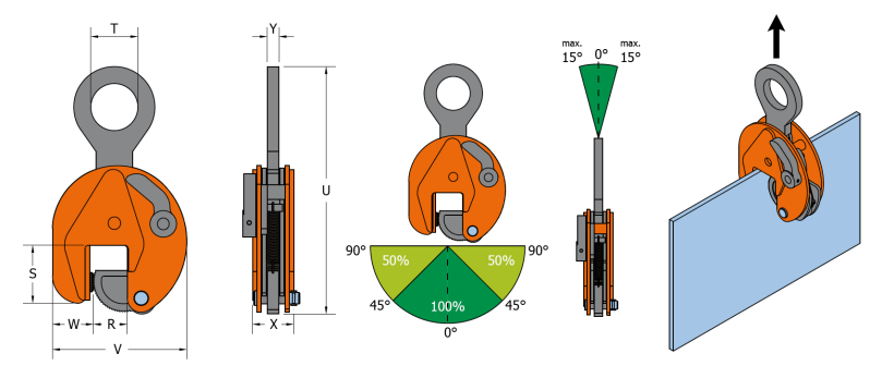 Maßzeichnungen und Abmessungen von pewag Hebeklemme peCLAMP VCW / VCEW / SVCW
