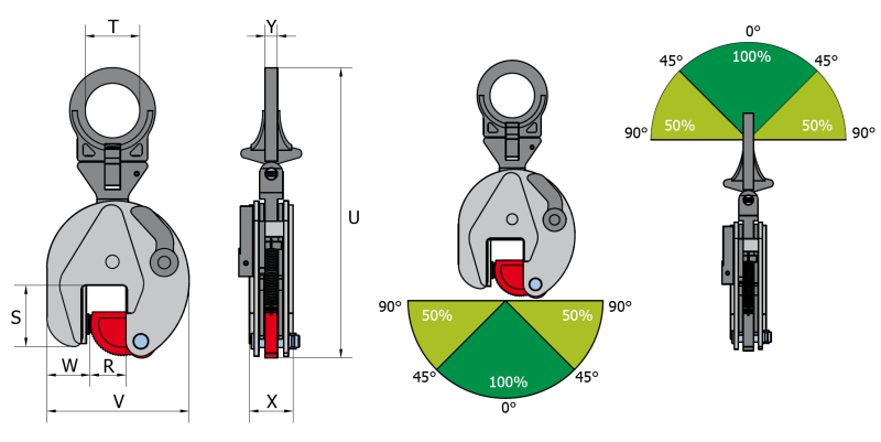 Maßzeichnungen und Abmessungen von pewag peCLAMP VCW-R / VCEW-R / VUW-R / VEUW-R