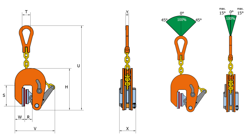 Maßzeichnungen und Abmessungen von pewag Hebeklemme peCLAMP VNMW / VSNMW