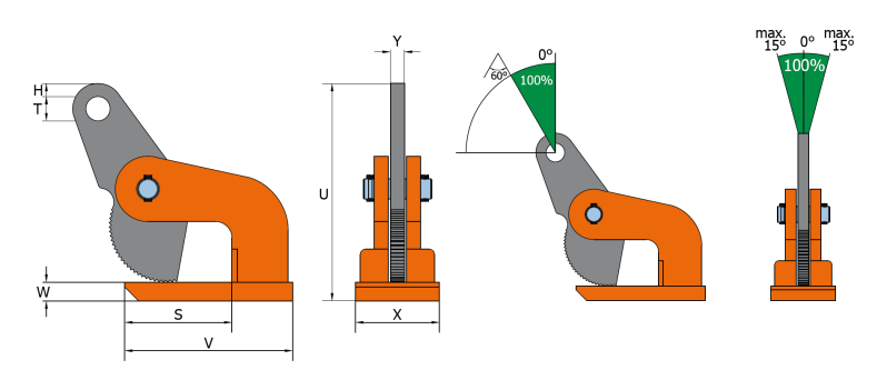 Maßzeichnungen und Abmessungen von pewag Horizontal-Hebeklemme peCLAMP DHW