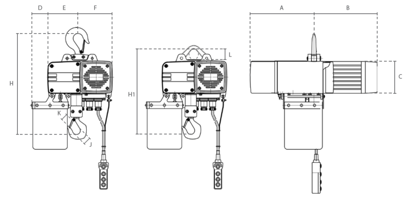 Maßzeichnungen und Abmessungen von DELTA Premium Elektrischer Kettenzug DEH