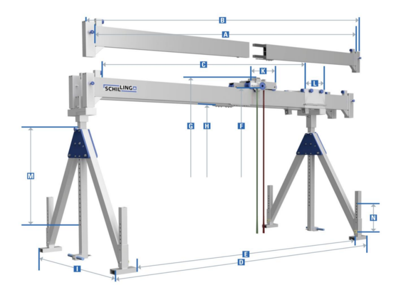 Maßzeichnungen und Abmessungen von Schilling Alu-Portalkran, stationär, Doppelträger, Traglast: 1.000 kg