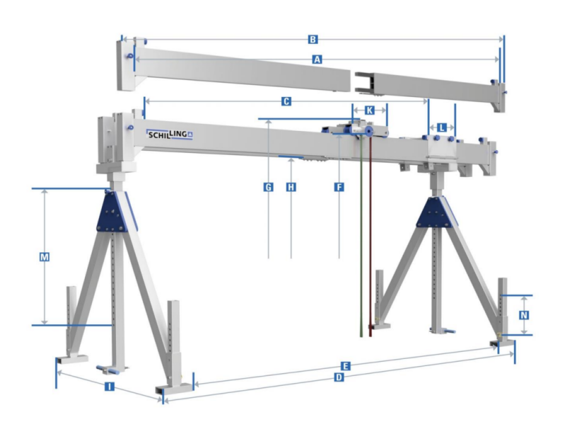 Maßzeichnungen und Abmessungen von Schilling Alu-Portalkran, stationär, Doppelträger, Traglast: 1.500 kg