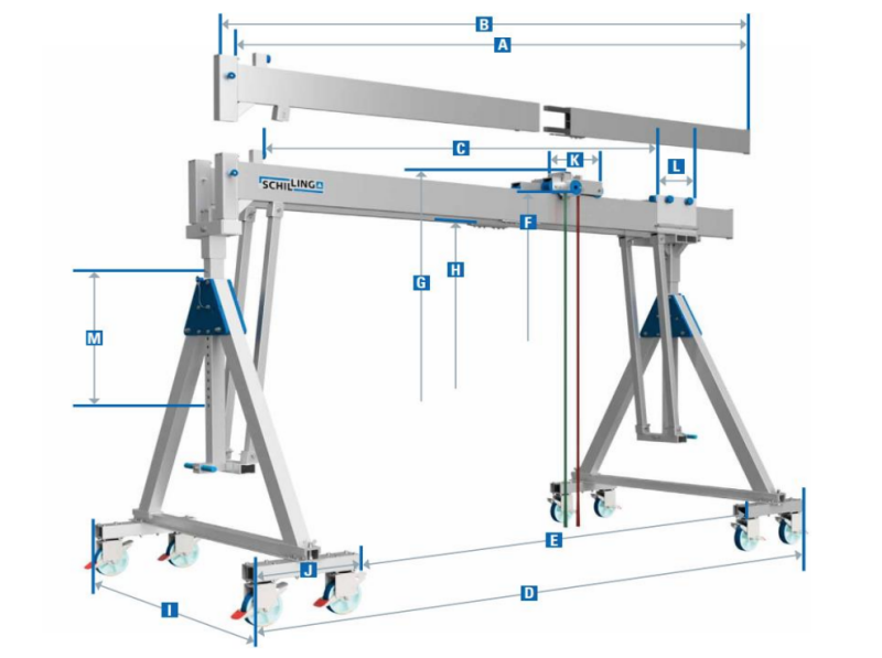 Maßzeichnungen und Abmessungen von Schilling Alu-Portalkran, fahrbar, Doppelträger, Traglast: 1.000 kg ab 5m Trägerlänge