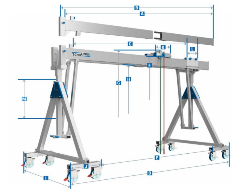 Maßzeichnungen und Abmessungen von Schilling Alu-Portalkran, fahrbar, Doppelträger, Traglast: 1.500 kg ab 5m Trägerlänge