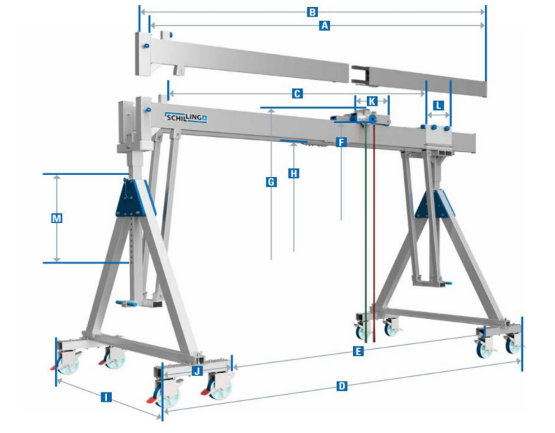 Maßzeichnungen und Abmessungen von Schilling Alu-Portalkran, fahrbar, Doppelträger, Traglast: 3.000 kg