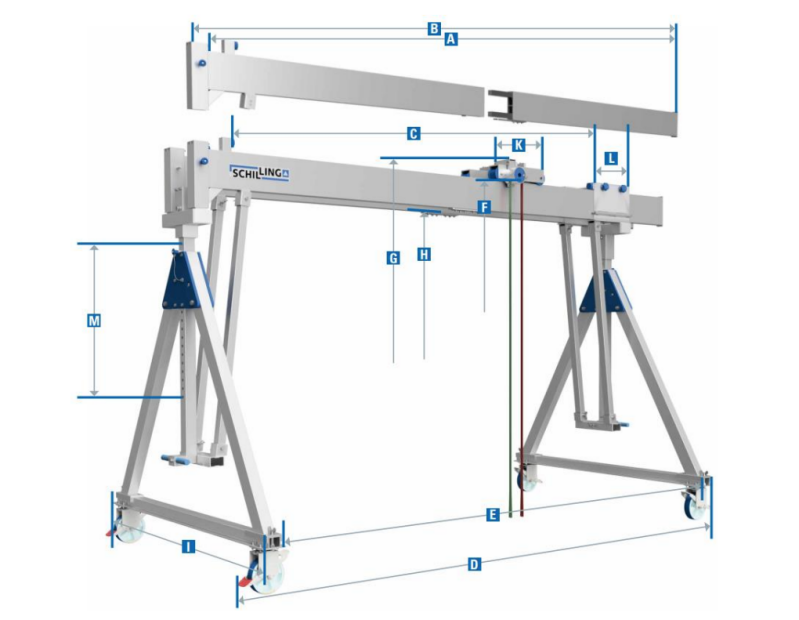 Maßzeichnungen und Abmessungen von Schilling Alu-Portalkran, fahrbar, Doppelträger, Traglast: 1.000 kg + 1.500 kg bis 4m Trägerlänge