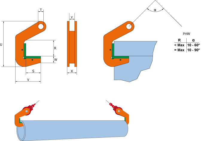 Maßzeichnungen und Abmessungen von pewag peCLAMP PHW