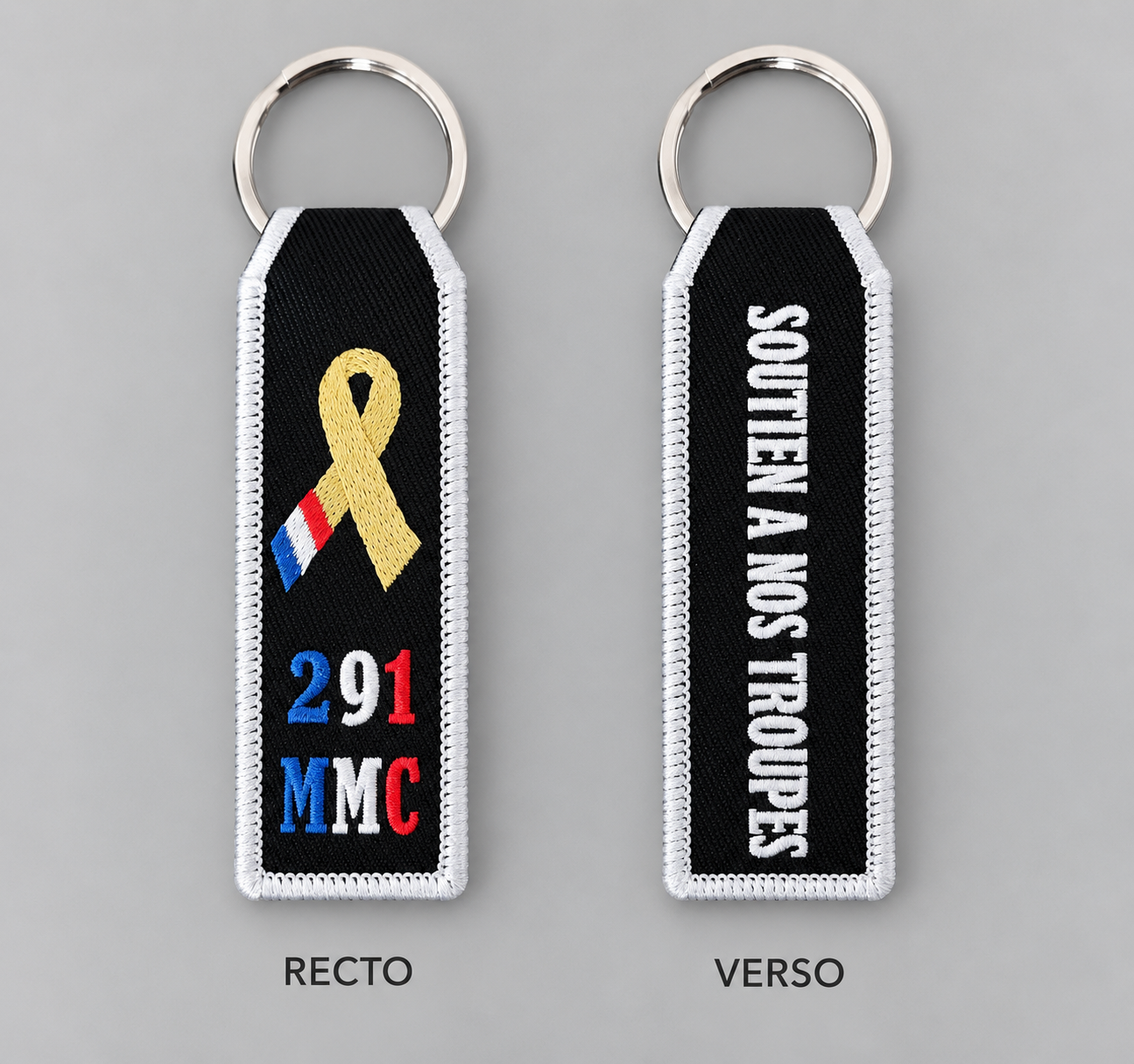 Porte-clés brodé 291 MMC – Soutien à nos troupes – Bordure blanche ou jaune