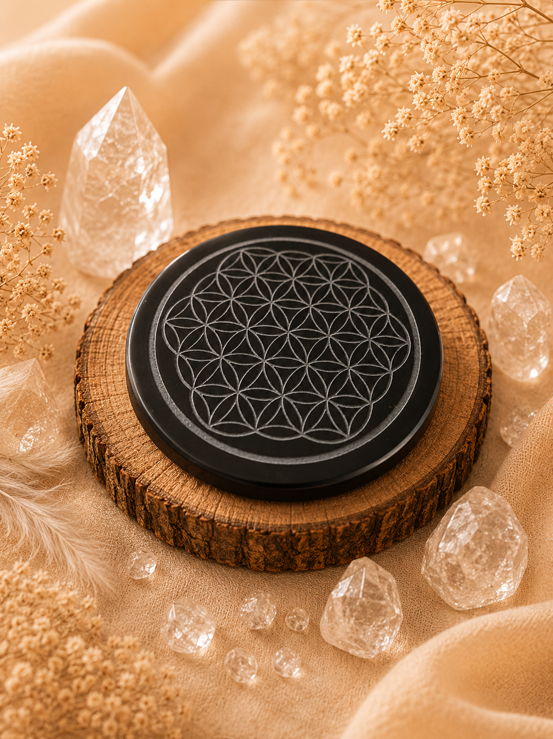 Plaque de Rechargement gravé Fleur de Vie Obsidienne