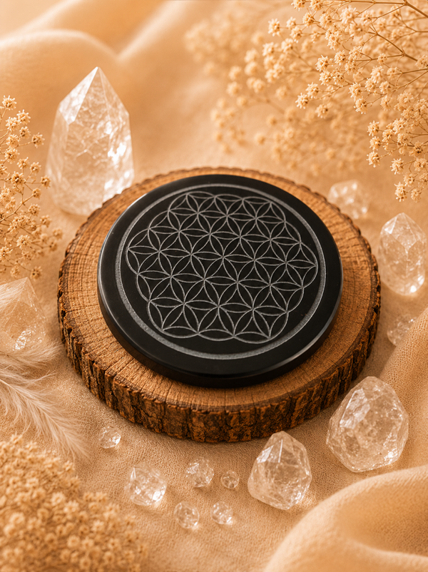 Plaque de Rechargement gravé Fleur de Vie Obsidienne