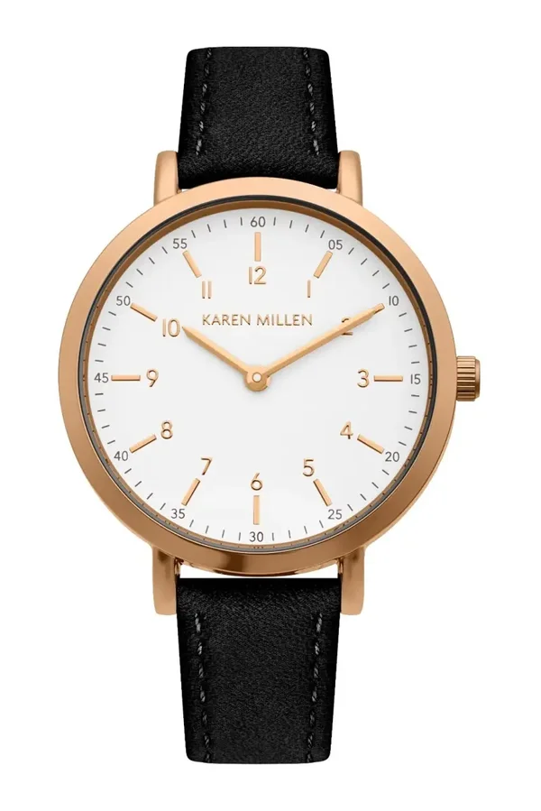 Karen Millen - Rose Gold-Tone Case - Black Leather - White Dial - SKM163BRG