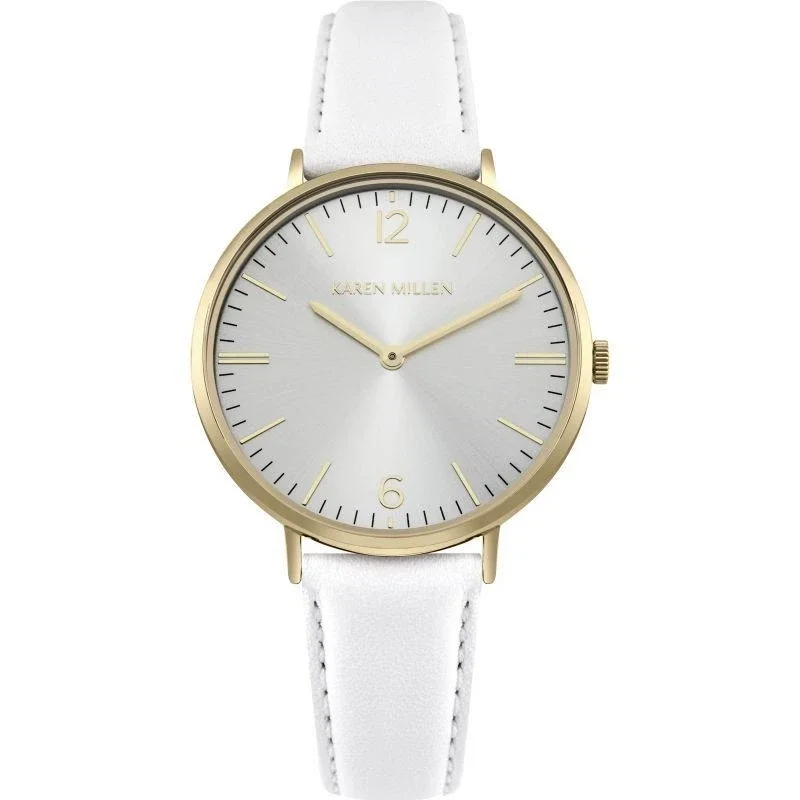 Karen Millen Wristwatch - Gold-Tone - Quartz - White Leather Strap - KM163WG