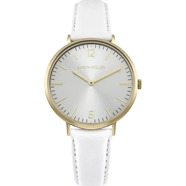 Karen Millen Wristwatch - Gold-Tone - Quartz - White Leather Strap - KM163WG