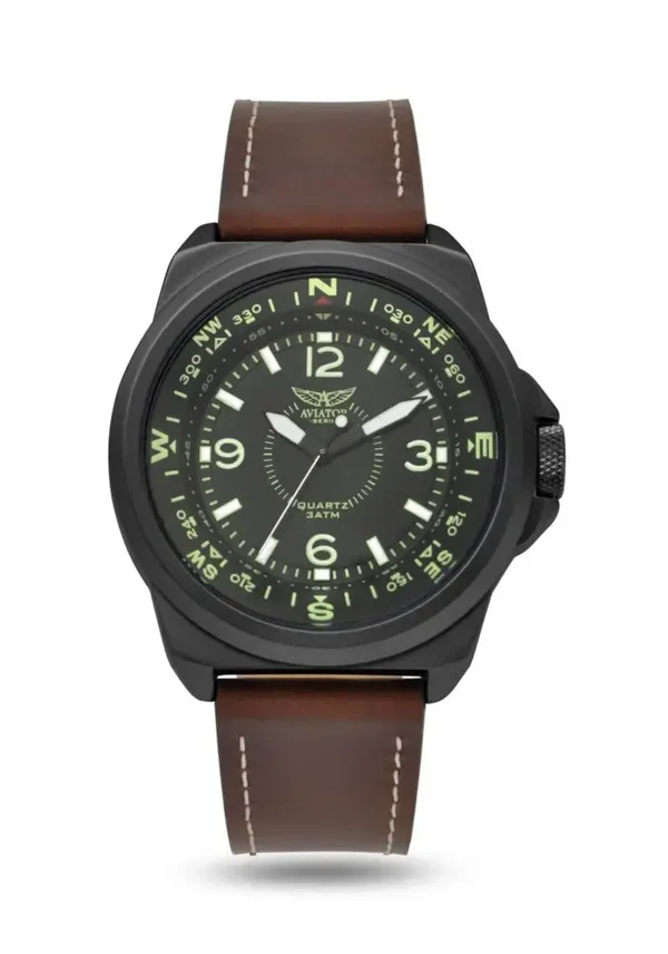 Men's Aviator Retro Classic Quartz - 44mm - Matt Black/Brown Strap - AVAW9497