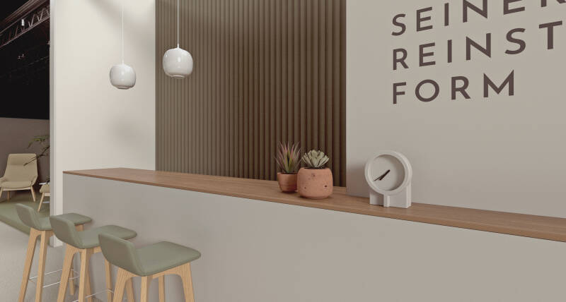 Design Messestand im modernen skandinavischen Stil, puristische und klare Formen mit warmen Farben 