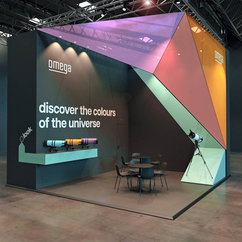 Messestand vom Messebauer raumguth, mit kubischen cleanen Elementen im Architektenstil