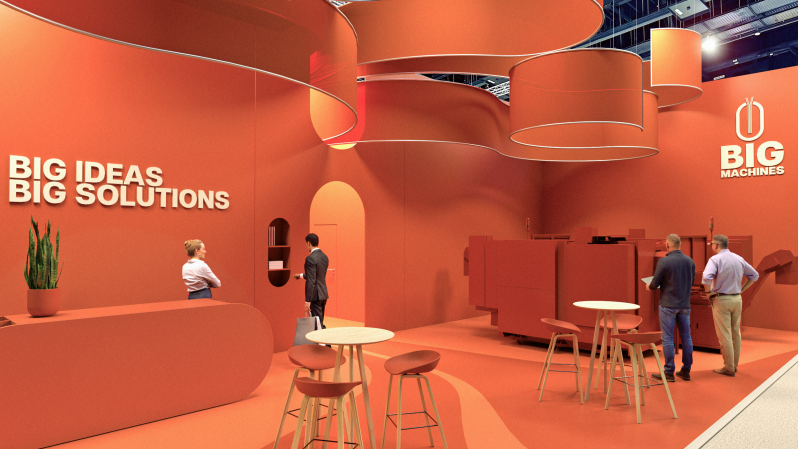 Design Messestand in rot Farbtönen, wellenförmiger klarer Stil