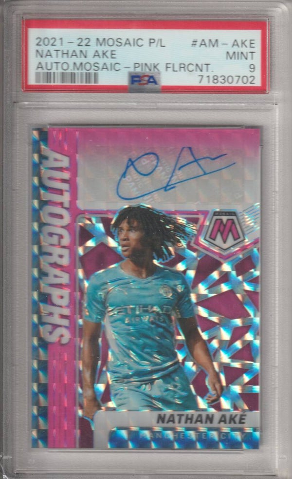 #AM-AKE: Nathan Aké (Manchester City) AUTO - Panini Prizm Auto Mosaic Pink Flrcnt 2021/2022
